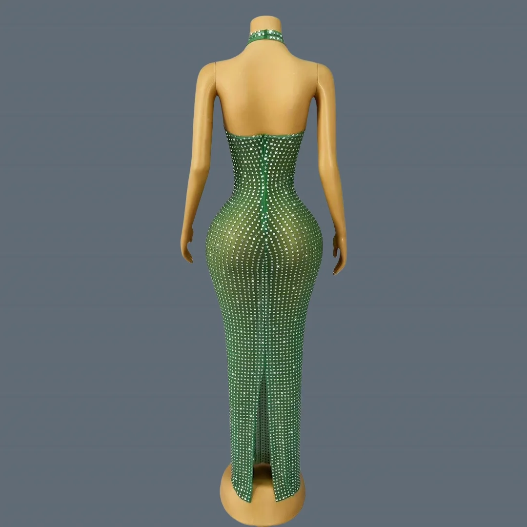 Sparkly Rhinestones Sexy Green Mesh Sheer Sleeveless Evening Gown Birthday Party Ball Dress Photo Shoot Show Stage Wear Lvguabo