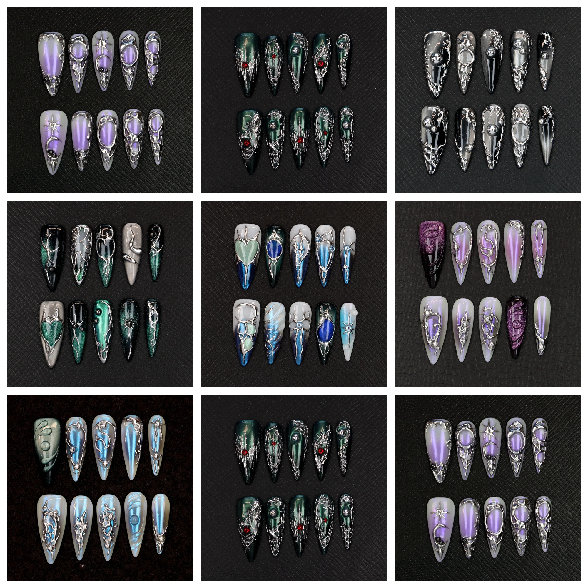10Pcs Gothic Long Stiletto Press On Nails,Dark Glam Aurora Mirror,Custom 3D Fake Nails,Punk Metallic Silver and Green Nail Art