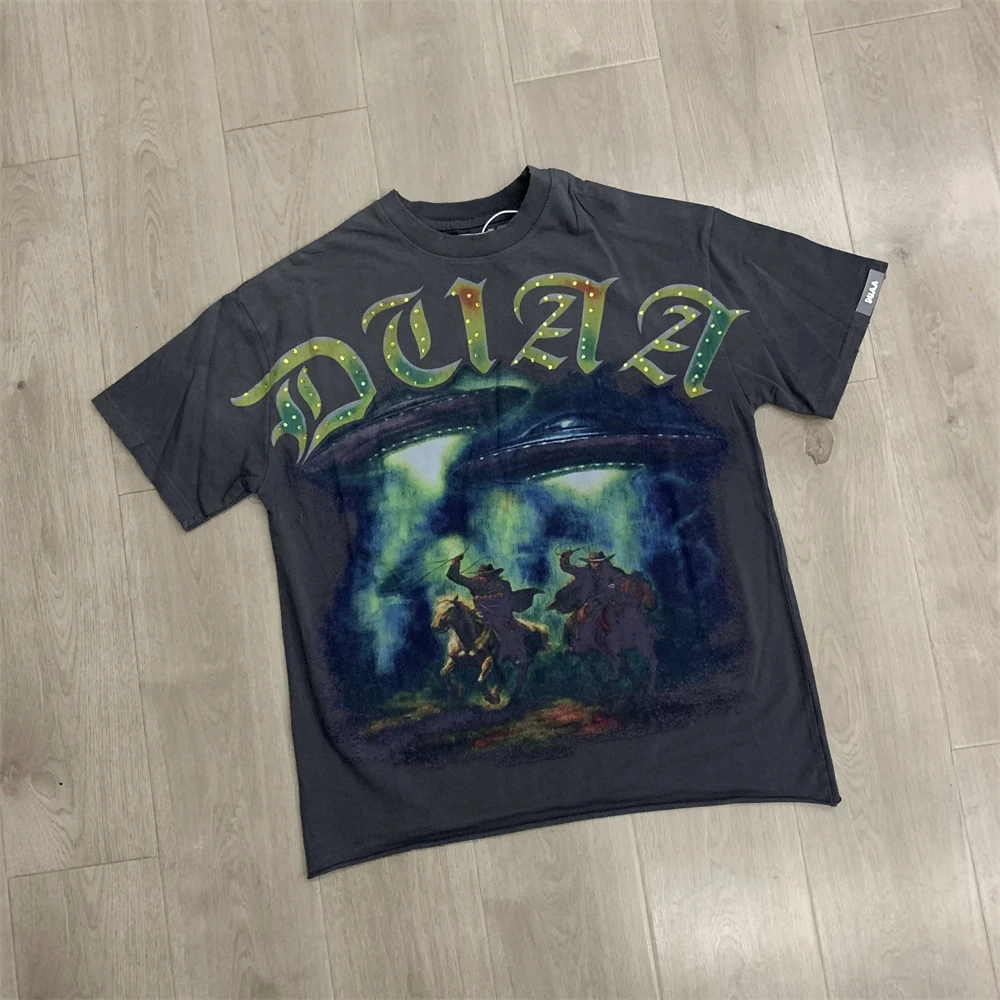 Washed Duaa Cowboy Short Sleeved Rhinestone Lightning T-shirt Men Women High Quality T Shirt Tops Tee