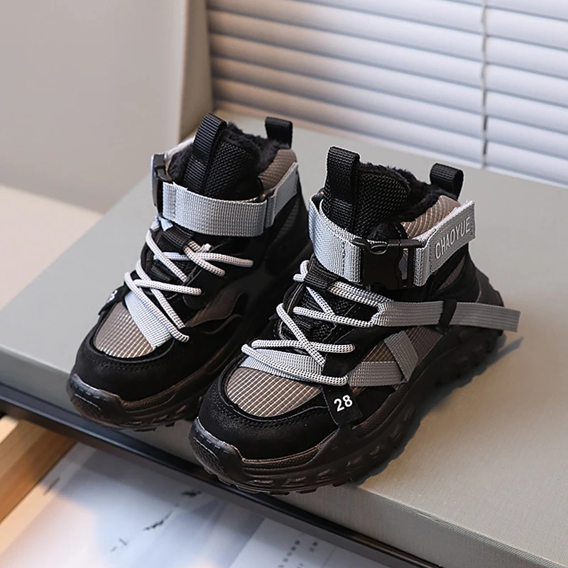 Brand Design High Top Hiking Sneakers For Kids Winter Warm Plush Lined Travel Shoes Girls Thick Sole Trainers Boy Sport Footwear