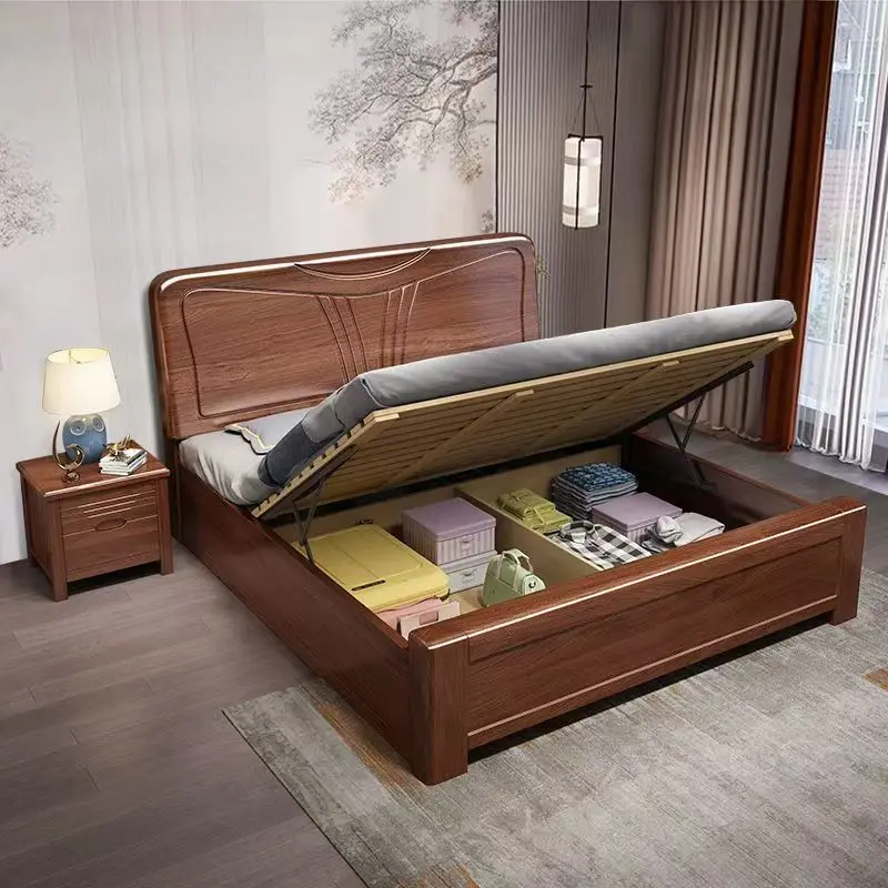 @￥Minimalist French Style 1.8 Meters Full Wooden Bed Walnut Color 1.5m Queen Size Double Wooden Beds With Lift Gas Storage