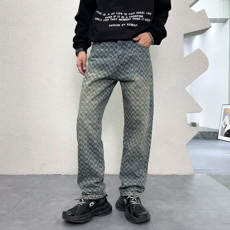 

Casual High Street Vintage Y2k New Arrival Loose Straight Men's Jeans Blue Washed Print Pants Stock Jeans Trousers for Men