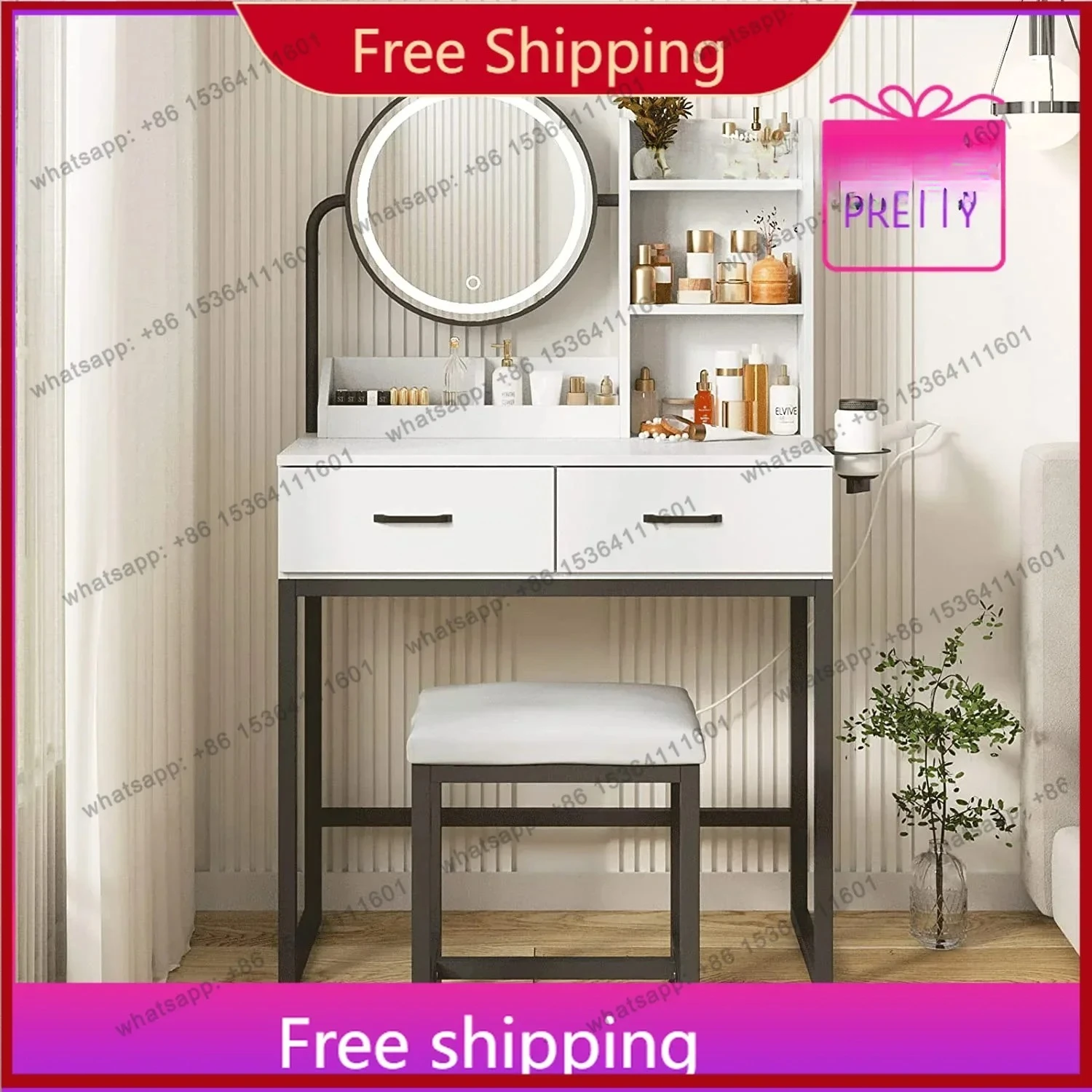 White Modern Dressing Table Sets Small Vanity Table Cute Makeup Desk With Mirror And Lights For Bedroom