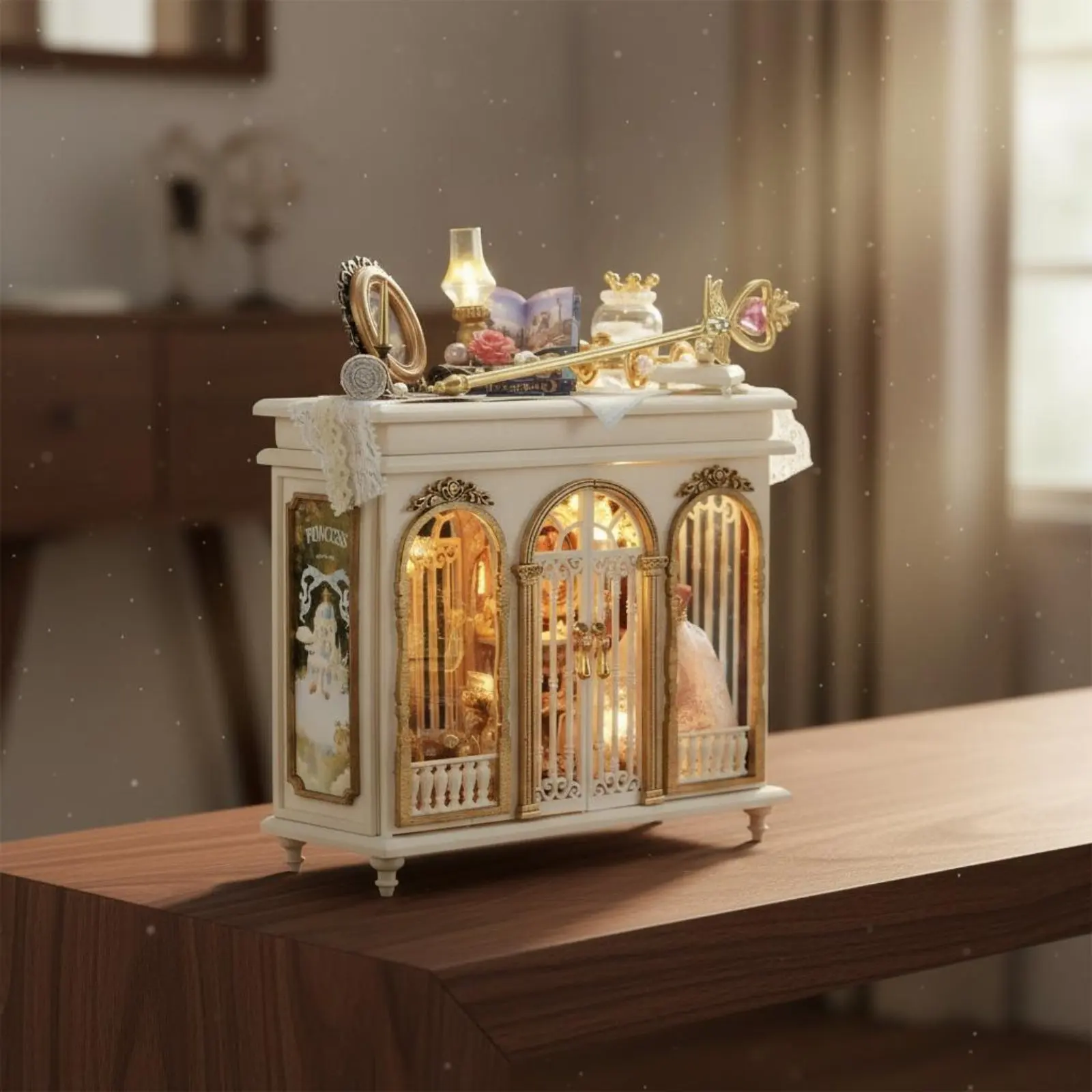 

Miniature Dollhouse Cabinet DIY Assembly European Design Miniature House Vintage Display Cabinet Artisanal Home Decor