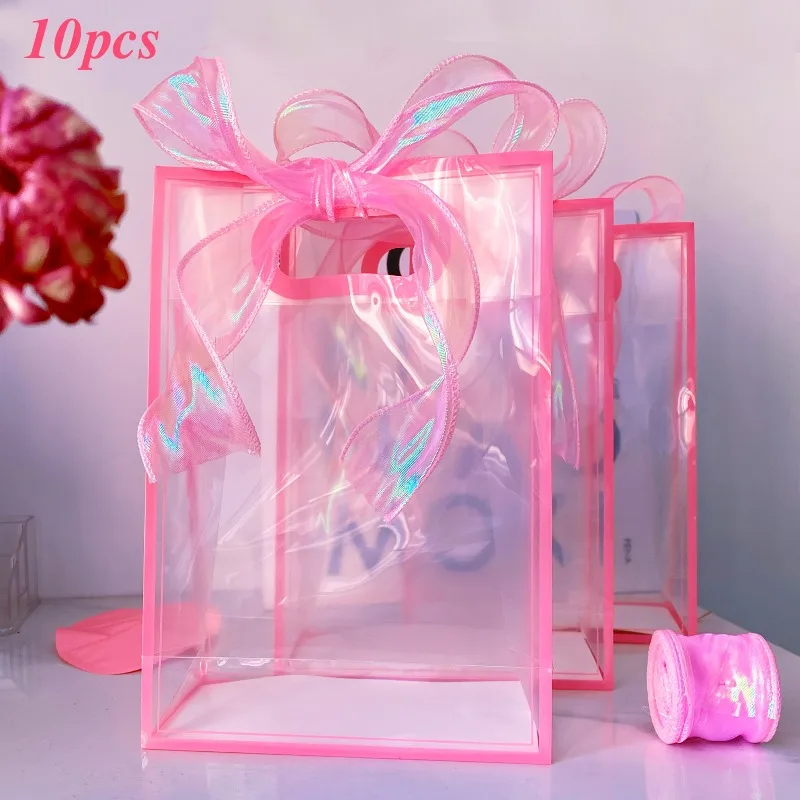 10/20 Stück durchsichtige Kunststoff-Geschenktüten mit Griffen, rosa Besatz mit Illusion, rosa Band, wiederverwendbare Geschenk-Blumentaschen für Hochzeit, Braut