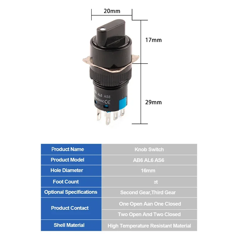 1Pcs 16Mm Knob Rotary Switch 6 Pin 3 Position AB6/AL6/AS6 Small Round Square Button Switch With Key Start Power Switch Equipment