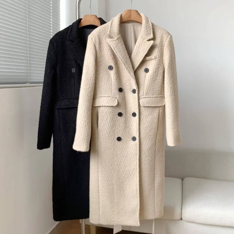 

Women Wool Blended Tweed Long Coat Black Long Sleeve French Casual Fashion Suit Collar Small Fragrant Elegant Coat Female Winter