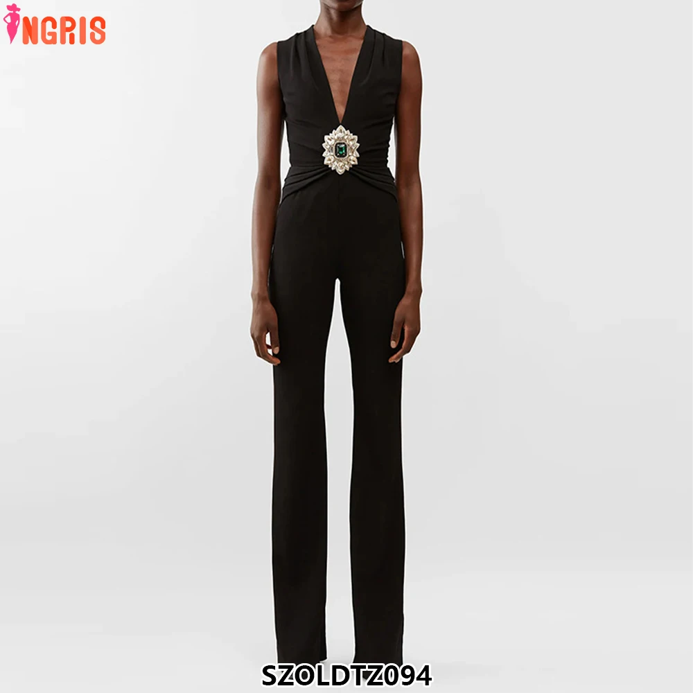 

Spot 2025 European celebrity fashion summer diamond v-neck sleeveless sexy black ladies jumpsuit-SZOLDTZ094