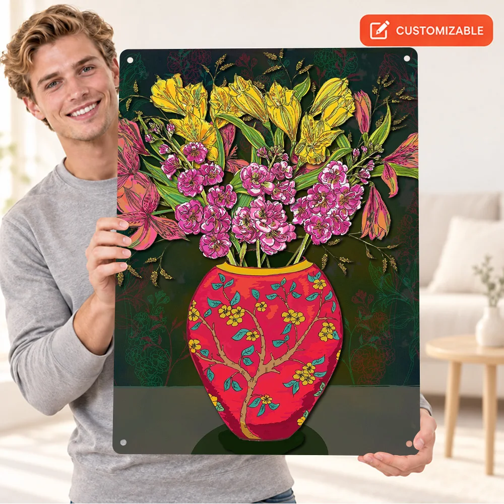 Red Vase With Flowers Aluminum Poster Retro Bold Contemporary Illustration Home Office Wall Art Customized Metal Sign Fan Gift