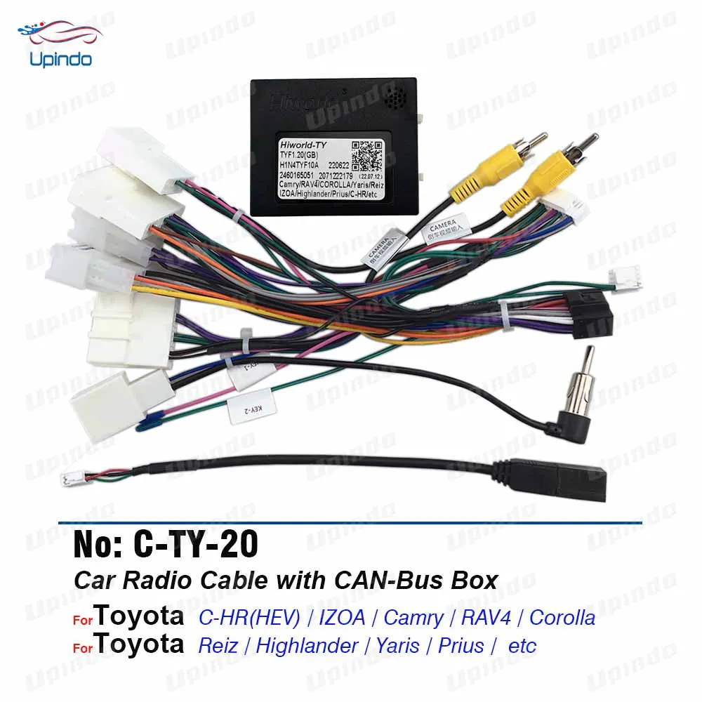 Car Radio Cable Connector Socket Power Wiring Harness with CAN Bus Decoder for Toyota Highilander Camry C-HR Yaris RAV4 Corolla