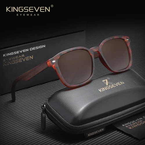 Imagen 2 del producto KINGSEVEN, gafas de sol clásicas Vintage para hombres y mujeres, montura grande cuadrada, gafas de madera polarizadas UV400, gafas de conducción de moda
