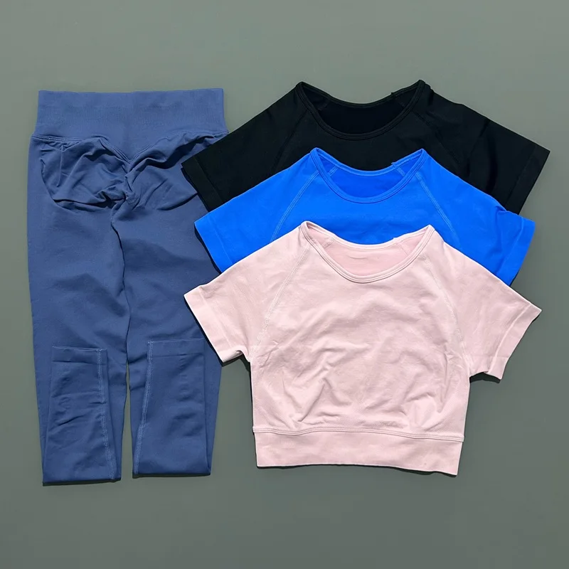 

2 Piece Impact Sports Set Women Short Sleeve Crop Top High Waist Seamless Yogo Leggings Running Exercise Sportswear Gym Set