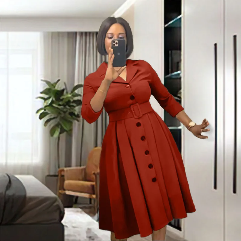 Moda feminina vestido diário cor sólida lapela manga longa botão cinto cintura a linha vestido de festas elegante robe longue femmes