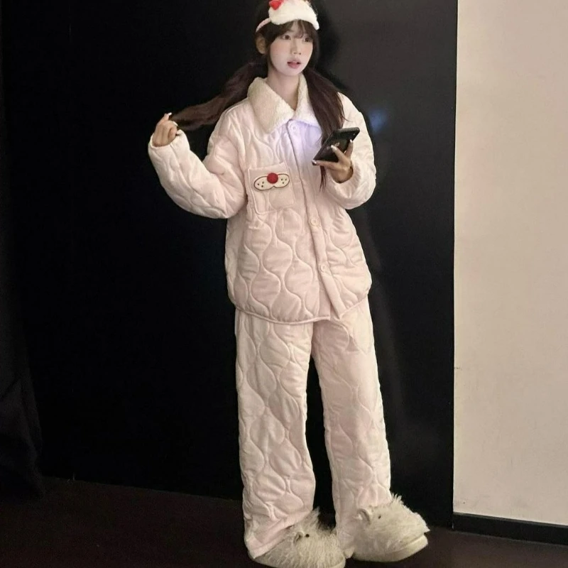 

2026 Winter Fashion New Style Warm Can Be Worn Outside As A Home Wear Set Cute Cartoon Thickened Cotton-padded Pajamas for Women