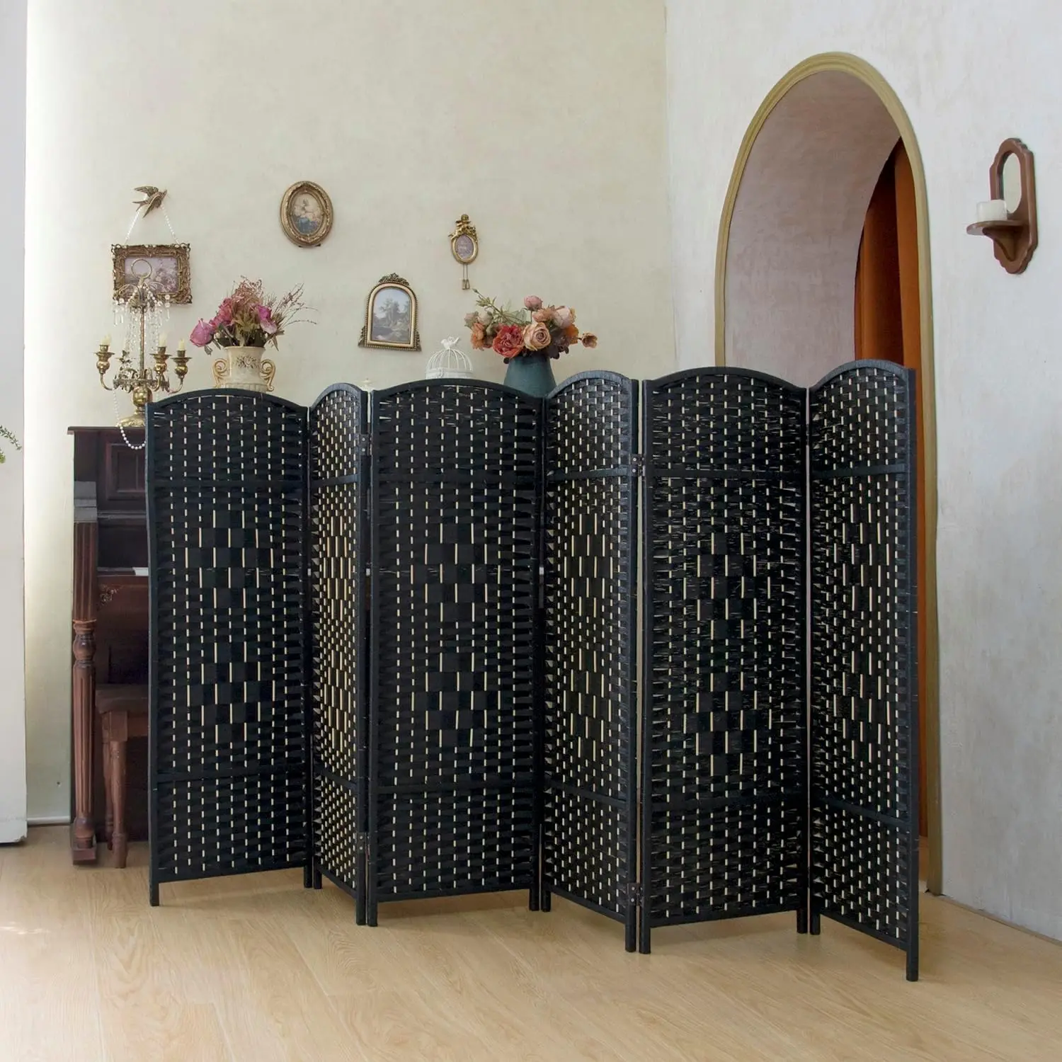 Separador de ambientes compacto de 6 paneles, biombo plegable de ratán de doble cara de 47.2 pulgadas de alto para el hogar y la oficina, negro