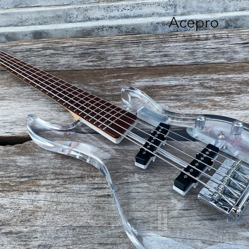 5 String Acrylic Electric Bass Guitar, Maple Neck Rosewood Fingerboard, LED Color Customizable, High Quality, Free Shipping