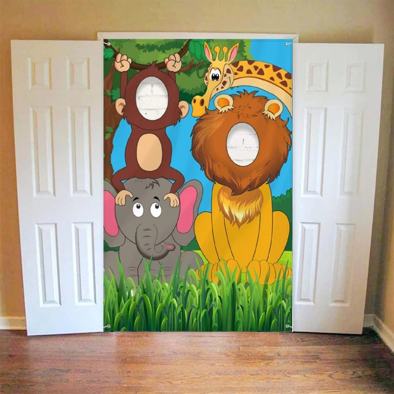 

Photography Backdrop Party Photo Door Jungle Animals Face In Hole Game For Wild One Birthday Background Wall Home Decor Banner