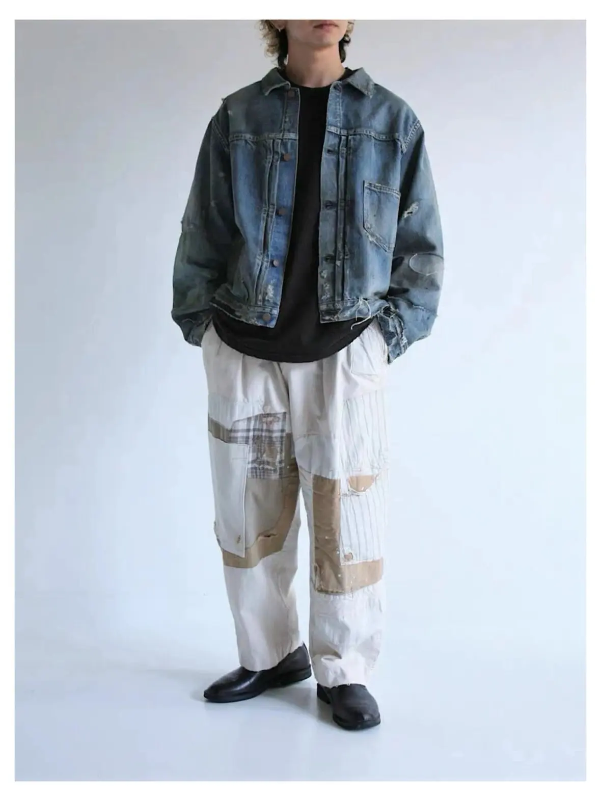 

Handmade Repair Destruction Denim Jacket ANACHRONORMCONTEXT005 Front Tuck Loose Fit Cotton 100% Youth Casual Long Sleeve Coat