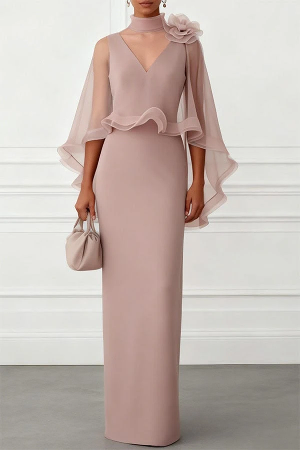 Customied Dark Pink Mother of the Bride Dresses Blue 3D Floral Mesh Mock Neck Half Cape Evening Gown Maxi Dress