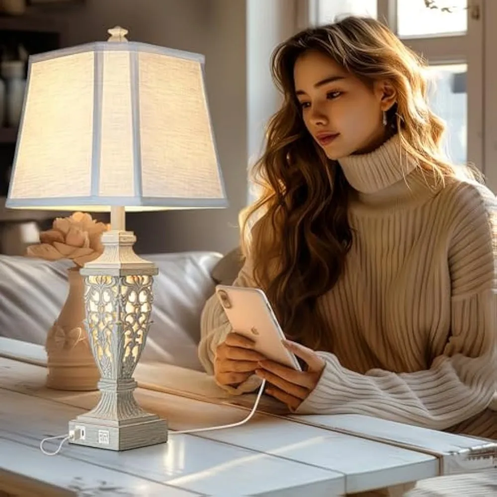 28.5" Lamps for Living Room - Table Lamps Set of 2 with Night Light,Bedside Lamp with White Linen Cut Corner Shade