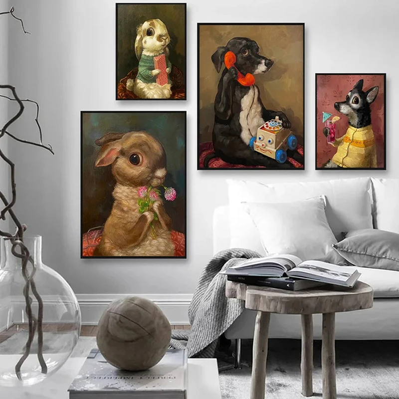 Funny Cute Puppy Dog Eating Pizza Vintage Animal Canvas Poster Print Retro Art Living Room Decor Kitten Eating Cookies Painting