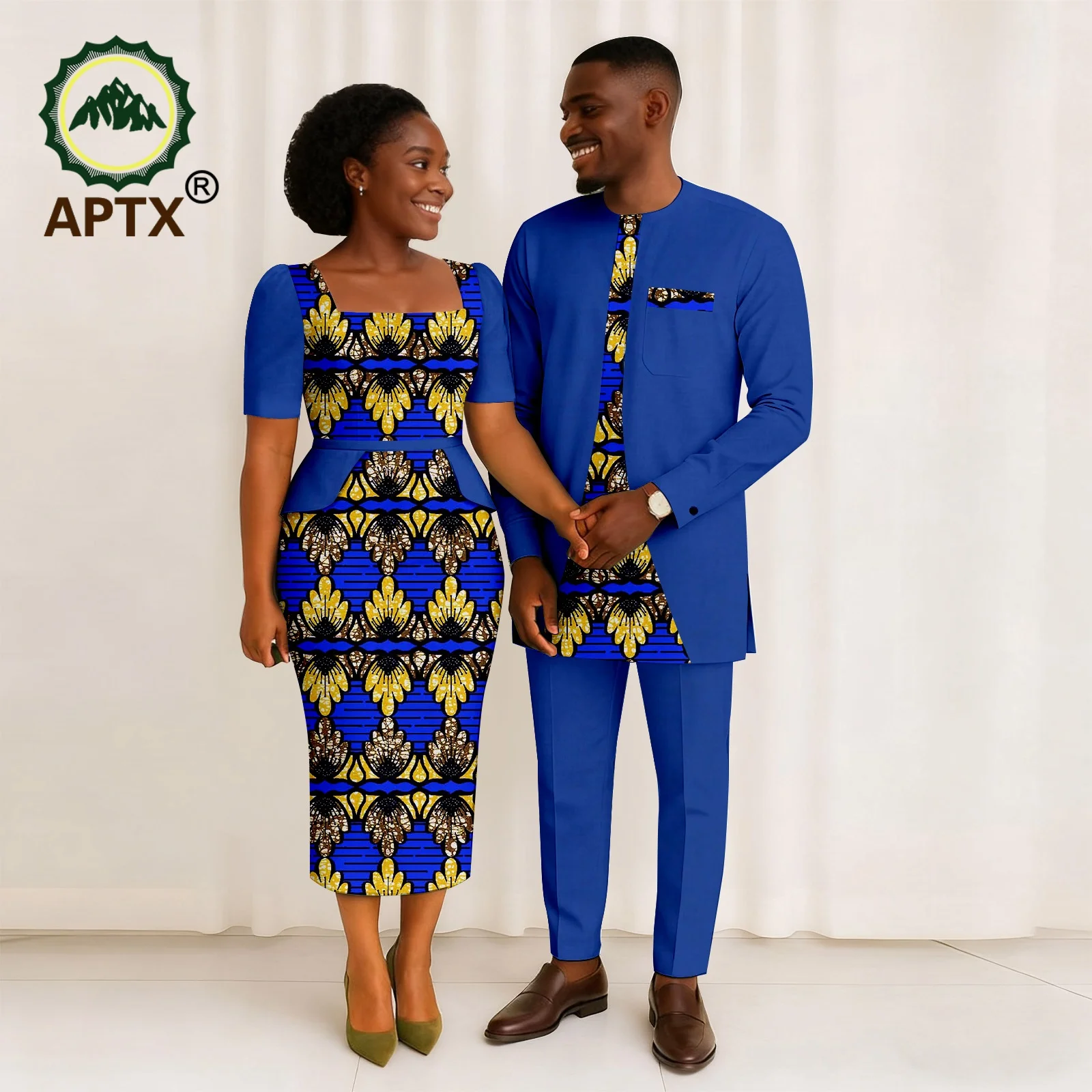 

African Couple Suits Men's Agbada & Women's Dress Set Muslim Gilded Lace Matching Robe for Wedding Evening Daily Wear 25C096