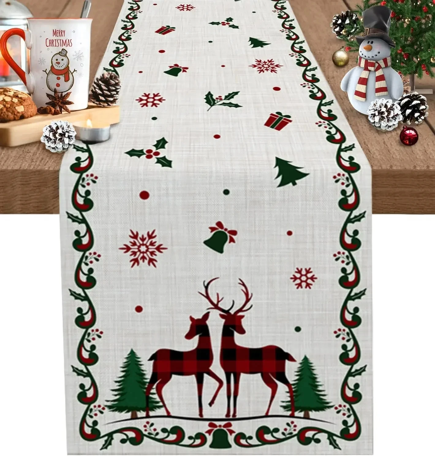 

JIT Christmas Deer Table Runner Festive Holiday-Themed Table Decor Durable Home Dining Room Party for Classic Christmas Ambiance