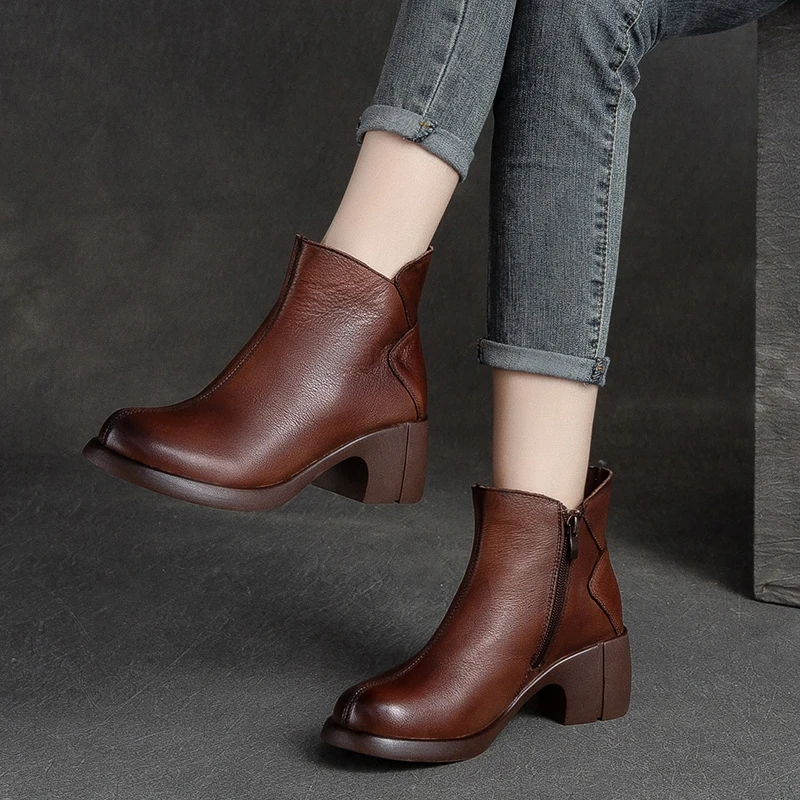 GKTINOO Genuine Leather Ankle Boots Women Shoes 2024 New Autumn Winter Round Toe Square Heel Zip Handmade Leisure Women Boots