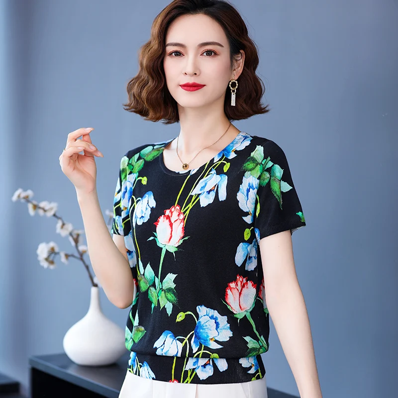 

High Quality Women's Flowers Print Sweater Tops 2023 Spring & Summer Fashion Printing Knit Blouse Short Sleeve Female Knitwear