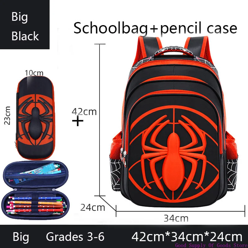 Spinnen-Rucksack + Federmäppchen-Set für Jungen, Schultasche, Grundschule für Kinder, Schultasche, Cartoon, wasserdichter Primärrucksack