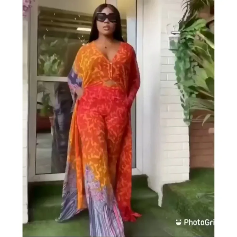 2024 New Fashion 2 Piece Set Women Africa Clothes African Dashiki Two Piece Suit Long Tops + Wide Pants Party Big Size  Lady