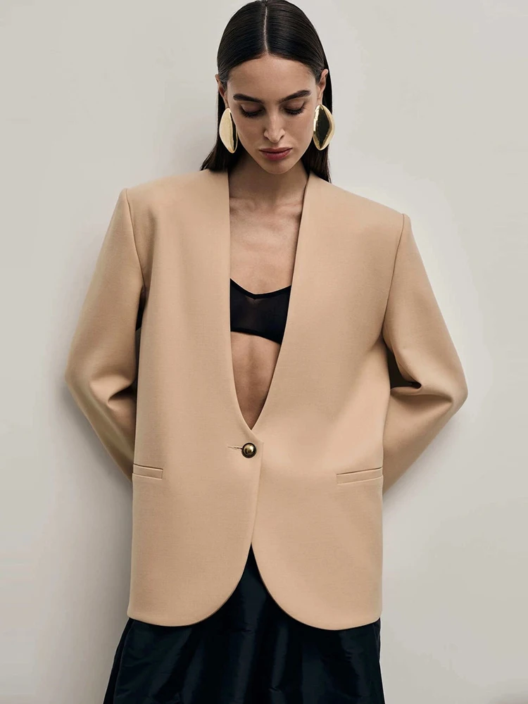 

Sibybo, осенне-зимний повседневный пиджак с глубоким v-образным вырезом и длинными рукавами, свободный пиджак на одной пуговице, пальто, уличная одежда, элегантные офисные женские топы