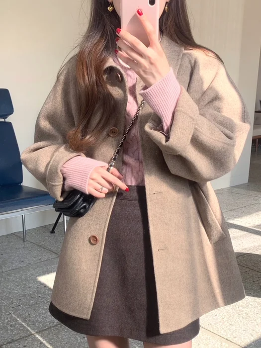 

Retro Simple Lapel Single Button Loose Versatile Woolen Coat Women's Winter Elegance Tweed Coat Commute Sle Pure Color