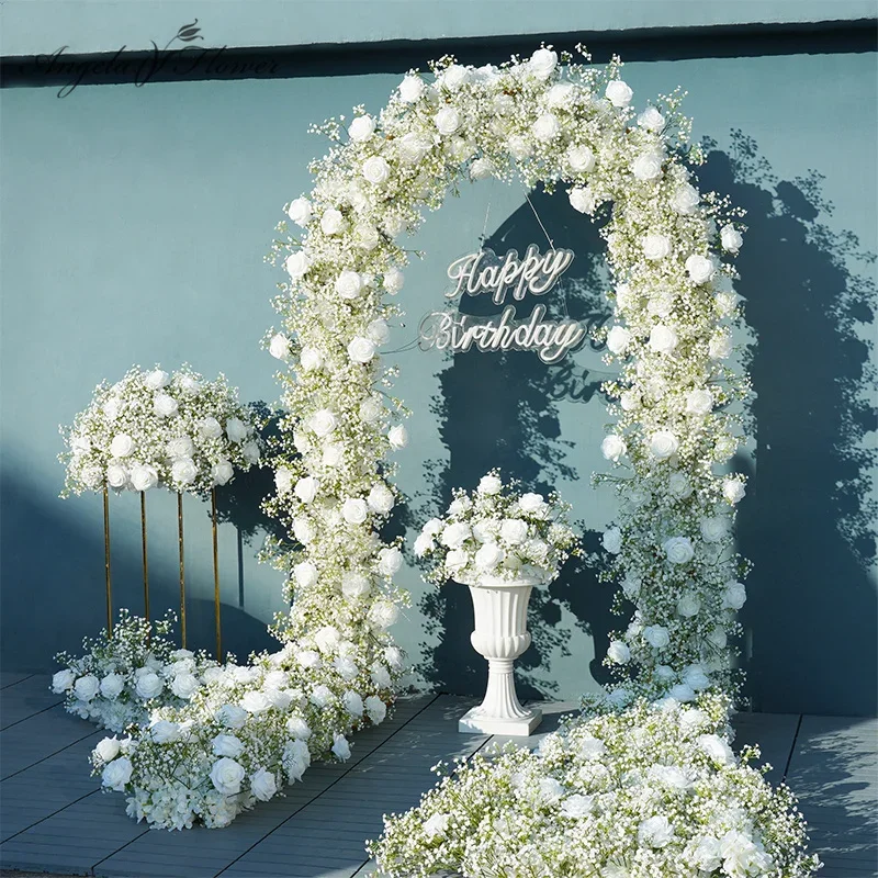 Luxury Wedding Background Decoration Artificial Flower Roses BabysBreath Arch Flower Arrangement Table Centerpiece Flower Ball