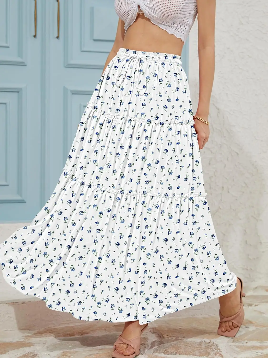 تنانير Luxy Trio للنساء تنورة طويلة مكشكشة بخصر مطاطي من بوهو