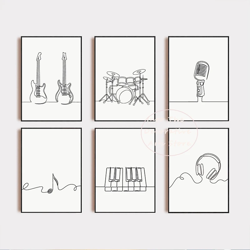 Nordic Black White Musical Instruments Line Drawing Piano Key Guitar Poster Canvas Painting Wall Art Pictures Home Nursery Decor