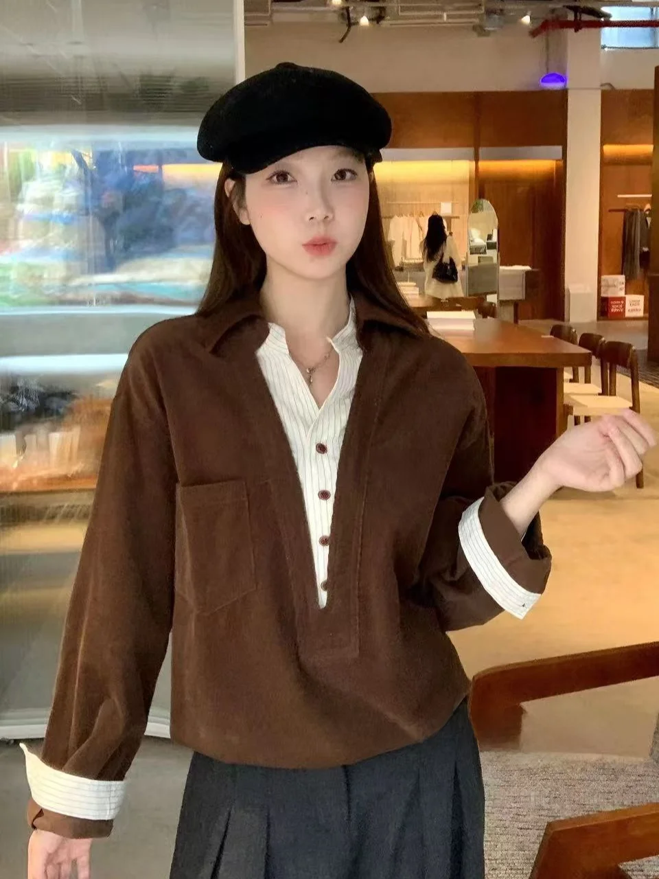 

Faionable корейский полосатый лоскутный дизайн Long Sve женский утягивающий высококачественный топ на ощупь для ранней осени и зимы