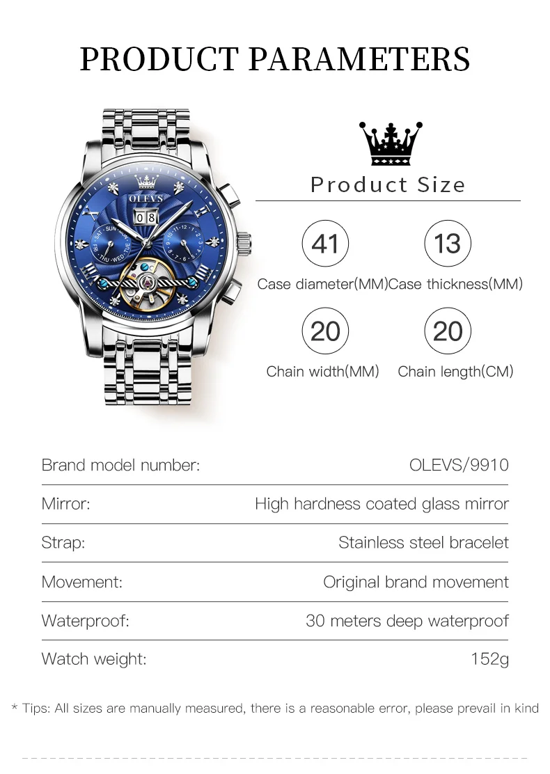 OLEVS 9910 Brand Original Authentic Watches for Man Luxury Gift Box Steel Belt Multifunctional Tourbillon Mechanical Men's Watch