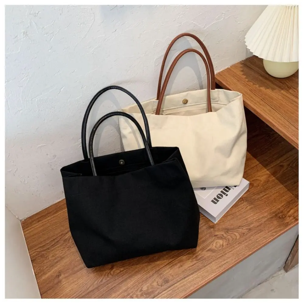 White Black Shoulder Bag Classic Canvas Books Storage Handbag Snap Fastener Tote Bag Student Books Storage Bag