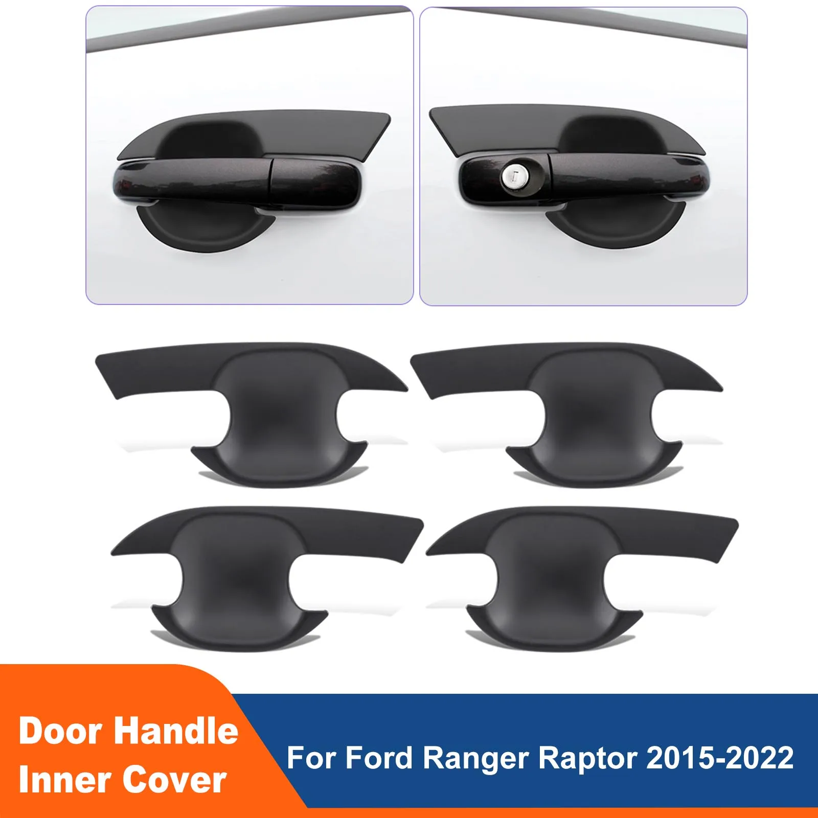 Matte Black 4 Door Handle Bowl Insert Cover For Ford Ranger Raptor 2015 2016 2017 2018 2019 2020 2021 2022