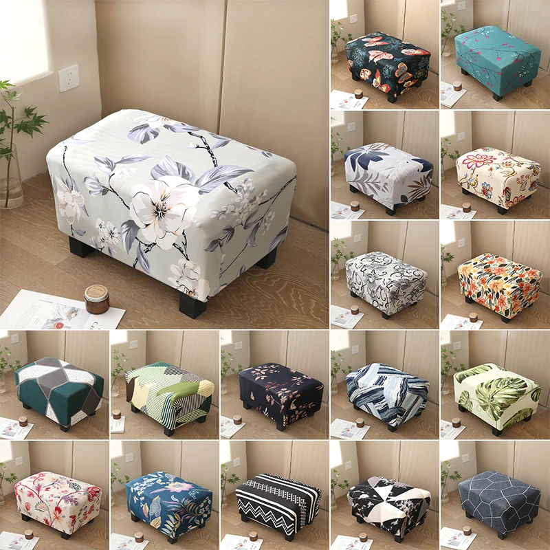 Fashion Print Stretch Footstool Cover Ottoman Slipcover Protector Pouffe Dustproof Rectangle Slipcover Elastic Fabric Home Decor