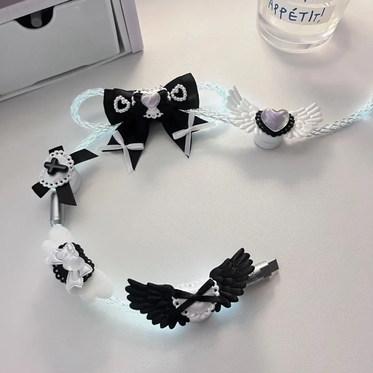 Custom Black White Angel Aviator Cable with Clip Cable Organizer, Magnetic Axis Keyboard Dedicated,Wing/Halo Decor,Hand-Braided