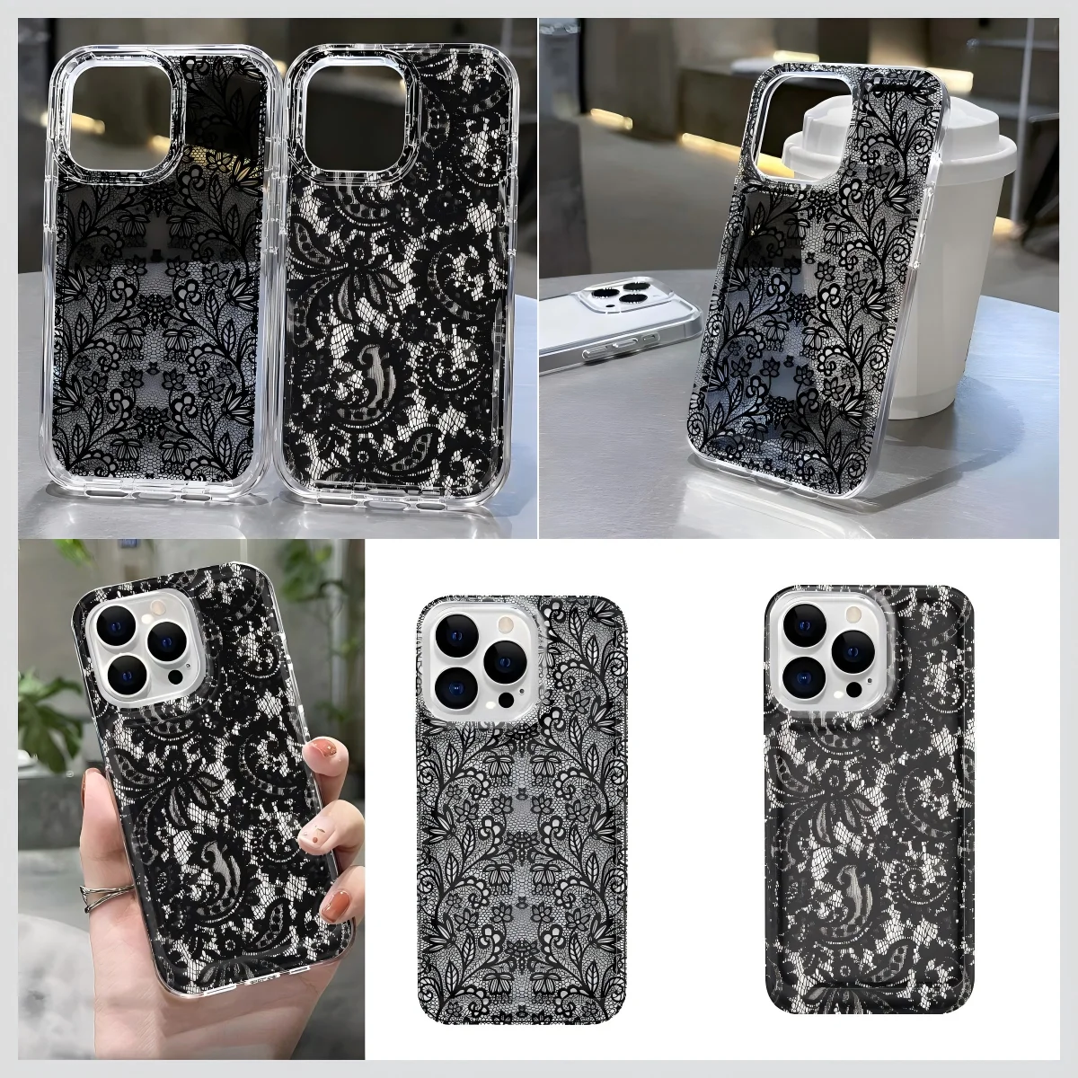 Black Lace Flower Phone Case for Samsung Galaxy S25 S24 S23 S22 S21 S20 S10 Note20 Note10 FE Ultra Plus 4G 5G Clear