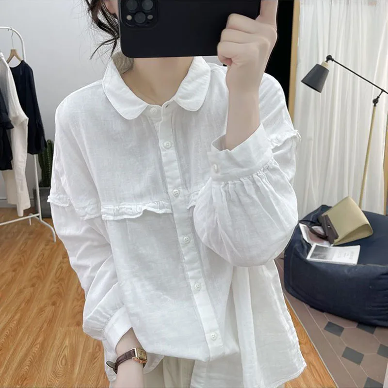 Xpabb Autumn New Vintage Long Sleeve Blouse Female Fashion Ruffles Patchwork Shirts Woman Casual Loose Wild Button Up Shirt Tops