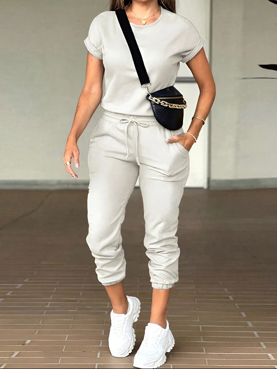 BWQ 2 pezzi da donna tinta unita girocollo manica corta top e pantaloni lunghi con tasca con coulisse abito casual