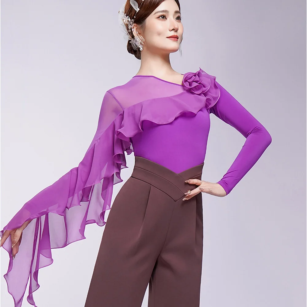 Haut de danse moderne pour femmes, bleu, nouveau châle à volants, GB, noir, pivoine, violet, valse, Biyu, bleu, haut de danse de haute qualité