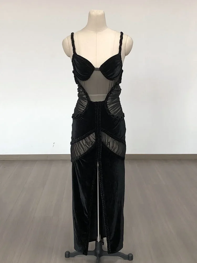 

Sexy Spaghetti Straps V Neck High Split Long Black Dress Mesh Patchwork Velvet Slim Evening Party Club Gown for Women