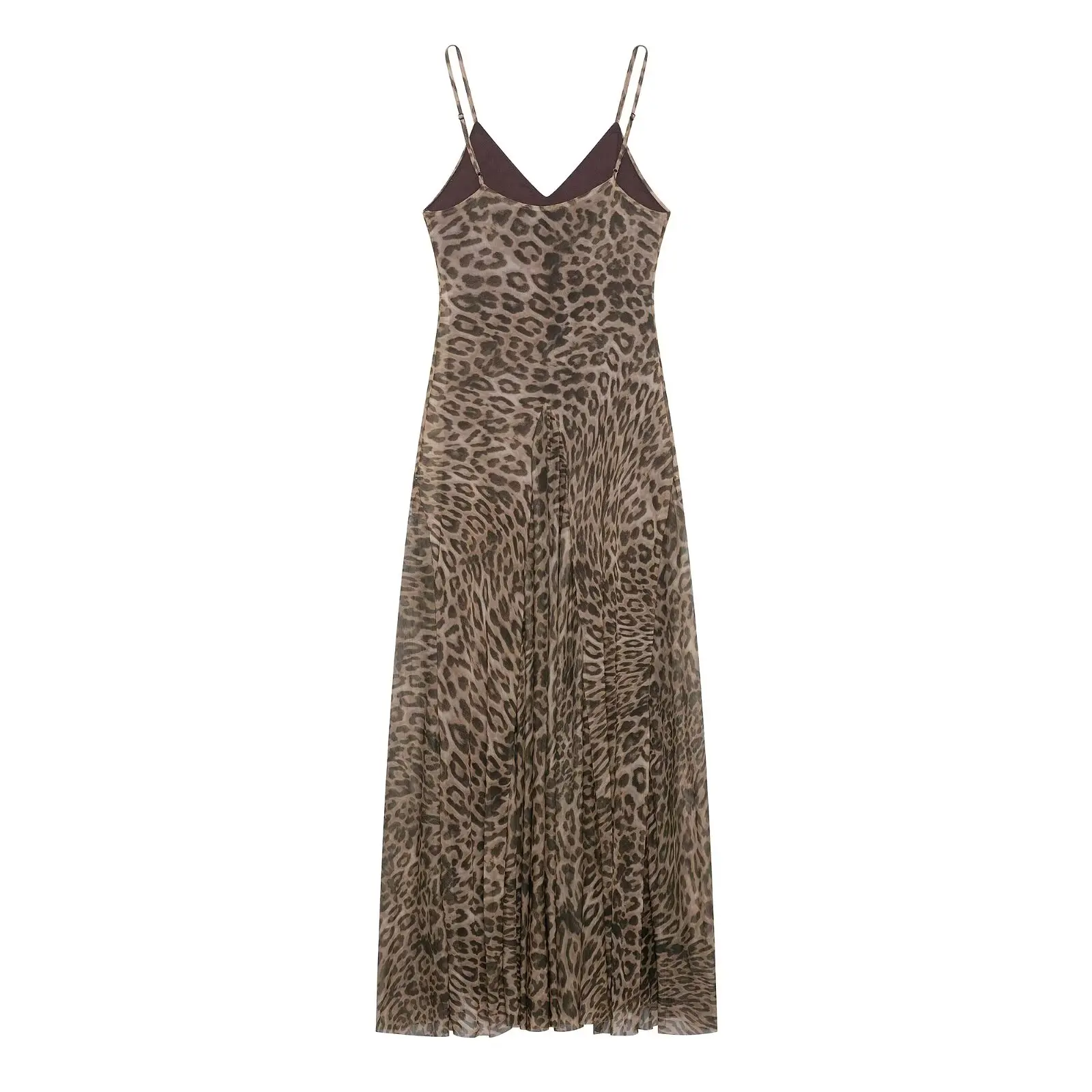 HH Vintage Muted Leopard Print Flowy Maxi Dress Summer V-Neck Thin Strap Pleated Slip Long Gown Women BeachTravel Casual Wear