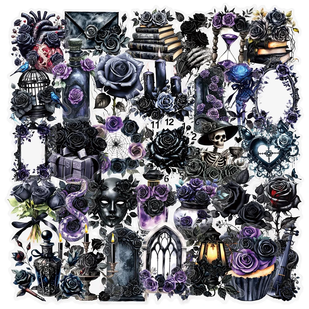 10/30/50pcs Cool Transparent Black Rose Cartoon Sticker Graffiti Decals DIY Luggage Scrapbook Journal Gothic Aesthetic Sticker