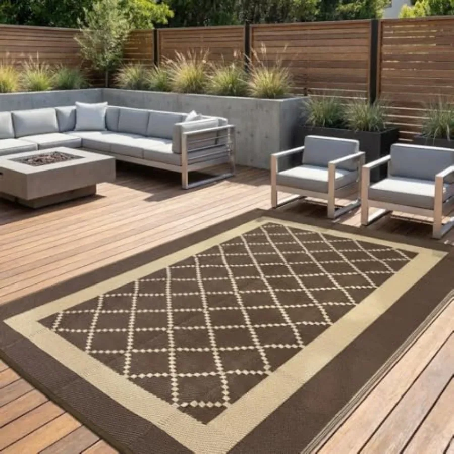 

Outdoor patio rug for RV, backyard, deck, picnic, beach: 9x18 waterproof plastic reversible geometric diamond mat in brown coff